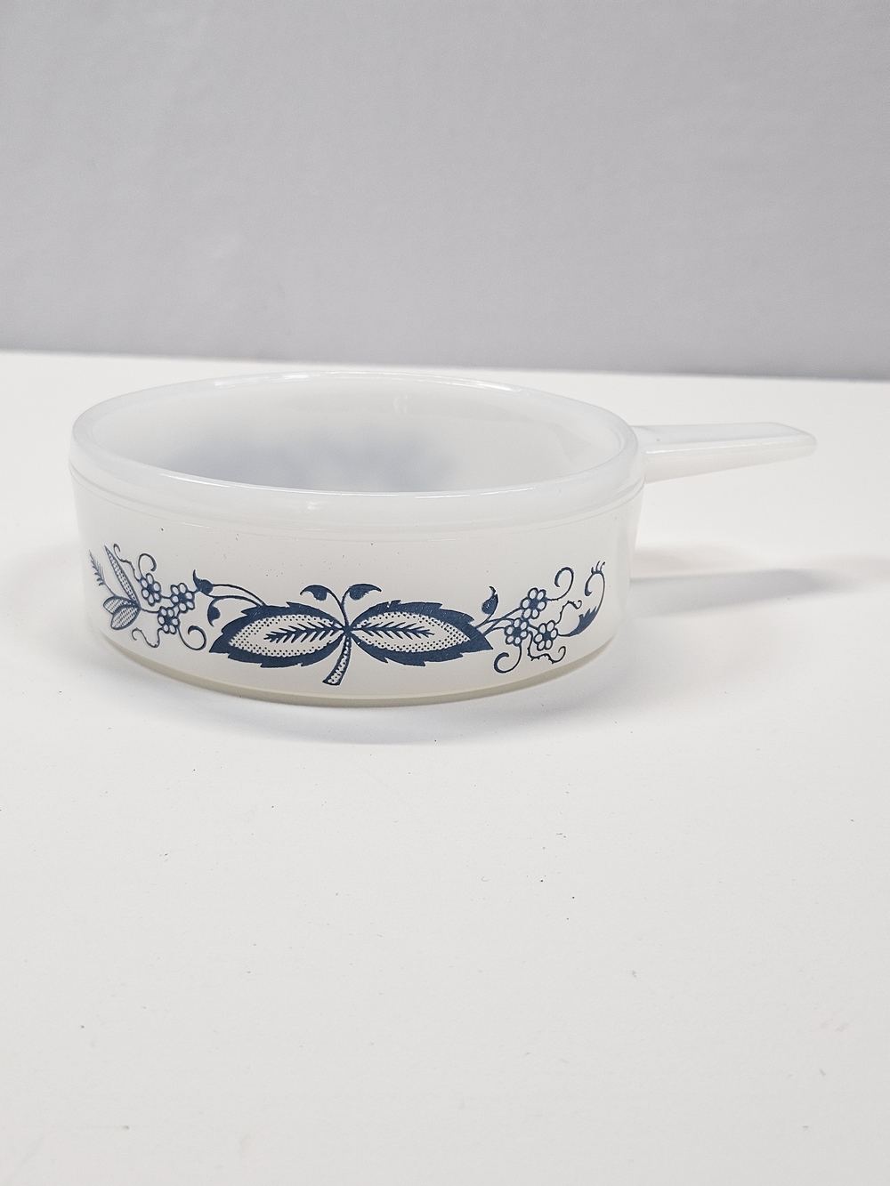 Vintage Glasbake Blue Onion Milk Glass Soup Chili Bowl Single Handle J-2639